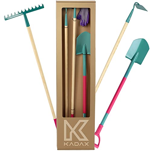 KADAX Tuingereedschapsset, 4-delige set, metalen spade, hark en hak, tuingereedschap voor dames, inclusief handschoenen, tuingereedschap