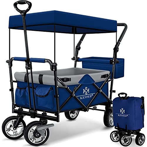 KESSER ® opvouwbare handkar GT9000 met dak Handkar Transportwagen   incl. 2X 3-punts gordelsysteem   opvouwbaar   massief rubberen banden   tot 80 kg   voor en achter remmen   + draagtas, blauw/grijs