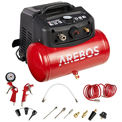 Arebos Persluchtcompressor luchtcompressor compressor   incl. 13-delig toebehoren   Compact   Persluchtcompressor   onderhoudsarm   automatische uitschakeling   extra lange luchtslang   olievrij   6 L