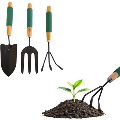 Zendea Set van 3 tuingereedschap met hark voor het verzamelen van bladeren, een vork voor het verplanten van bloemen en zwaarden voor het graven van de grond, van robuuste materialen en ergonomische Zendea Set van 3 tuingereedschap met hark voor het verzamelen van bladeren, een vork voor het verplanten van bloemen en zwaarden voor het graven van de grond, van robuuste materialen en ergonomische