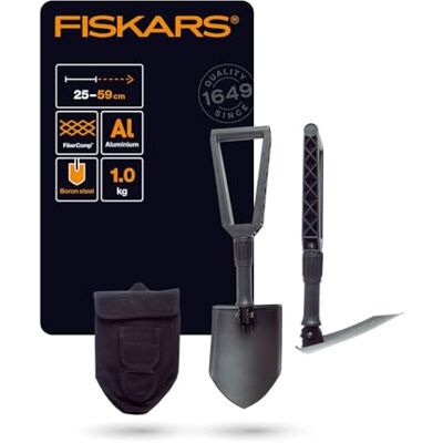 Fiskars Opvouwbare spade voor kampeerders en bergbeklimmers, ook geschikt als schop en hak, met canvastas, lengte (opengevouwd): 59 cm, gehard boorstaal, zwart, 1000621 Fiskars Opvouwbare spade voor kampeerders en bergbeklimmers, ook geschikt als schop en hak, met canvastas, lengte (opengevouwd): 59 cm, gehard boorstaal, zwart, 1000621