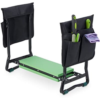 Relaxdays kniebank voor het tuinieren, beschermt gewrichten, inklapbare tuinkruk, tot 150 kg, met 2 zakjes, zwart/groen Relaxdays kniebank voor het tuinieren, beschermt gewrichten, inklapbare tuinkruk, tot 150 kg, met 2 zakjes, zwart/groen