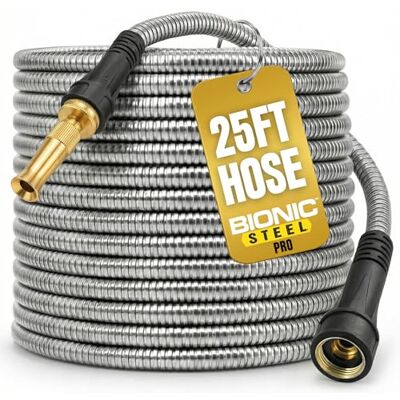 BIONIC STEEL PRO Tuinslang 304 roestvrij staal metalen 25 voet tuinslang zwaar belastbaar, lichtgewicht, knikvrij en sterker dan ooit met messing fittingen en aan/uit ventiel model 2023 BIONIC STEEL PRO Tuinslang 304 roestvrij staal metalen 25 voet tuinslang zwaar belastbaar, lichtgewicht, knikvrij en sterker dan ooit met messing fittingen en aan/uit ventiel model 2023