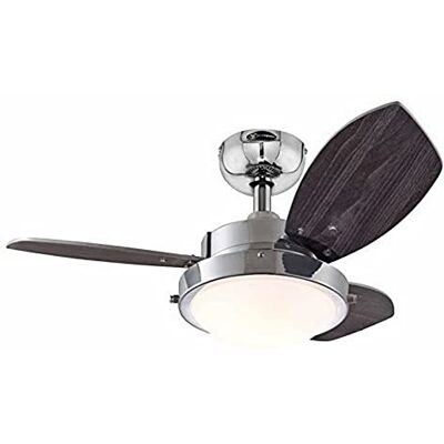 Westinghouse 76 cm plafondventilator Wengue 78763 met enkele lamp en drie vleugels, uitvoering in chroom met opaalmelkglas Westinghouse 76 cm plafondventilator Wengue 78763 met enkele lamp en drie vleugels, uitvoering in chroom met opaalmelkglas