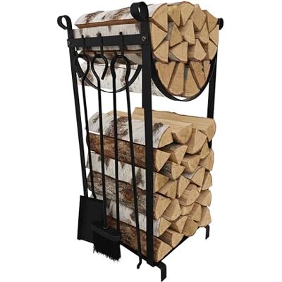 Relaxdays haardhoutrek met haardgereedschap, 2 lagen, haardtang, zwart haardbezem, asschep, houtopslag Relaxdays haardhoutrek met haardgereedschap, 2 lagen, haardtang, zwart haardbezem, asschep, houtopslag