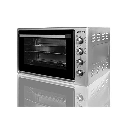 BEHOME Elektrische oven 70 l met draaispit, zelfreinigend, geëmailleerd, temperatuur tot 320 graden, dubbel glas met licht en timer, 1 draaispit, 2 bakplaten en 1 grill (grijs)