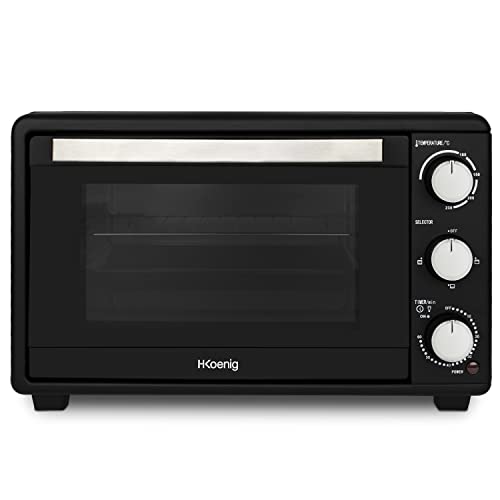 H.Koenig Mini Oven FO25, 25L, Elektrisch, Compact, Multifunctioneel, 1500W, Programmeerbaar, 4 Kookstanden, 230°, Timer 60 min, Glazen Deur, Lekbak met Tang, Kookrooster