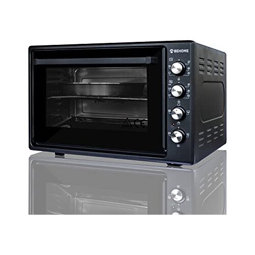 BEHOME Elektrische oven 70 l met draaispit, zelfreinigend, geëmailleerd, temperatuur tot 320 graden, dubbel glas met licht en timer, 1 draaispit, 2 bakplaten en 1 grill (zwart)