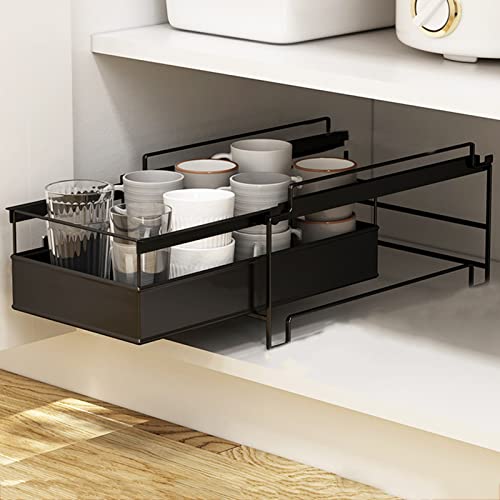 WEKIVA Onder Gootsteen Organisatoren, Keukenkast Organisatie, Onder Gootsteen Organisatoren Schuifkast Mand Organisator Perfect for Badkamer en Keuken (Kleur: Wit, Maat: 41x28.5x24.5cm) (Color : Black)