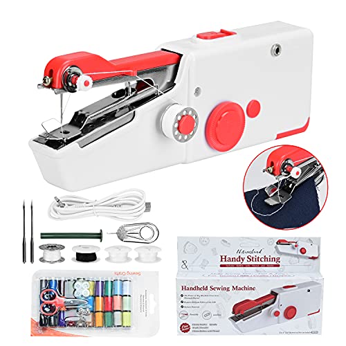 Podazz Handheld naaimachine met USB-kabel, mini kleine draagbare hand held naaimachine voor kinderen beginners volwassenen, noodnaaien Quick Fix met spoel, naald voor thuis/reizen DIY (rood)