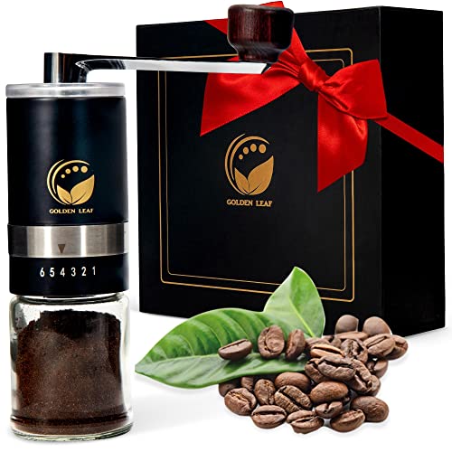 Golden Leaf handkoffiemolen van roestvrij staal I Koffiemolen handmatig met keramische maalwerk en traploze maalgraad instelling I Travel Coffee Grinder manual I Espresso koffiemolen hand