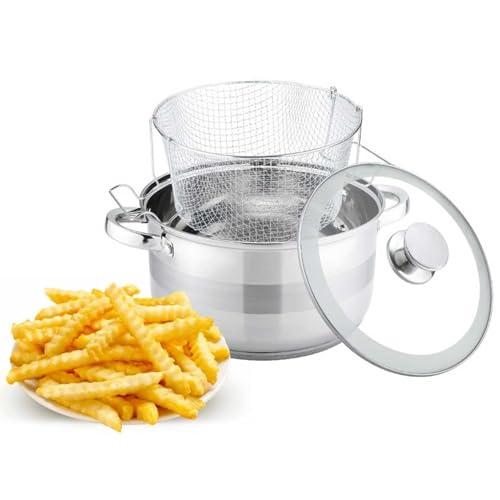 4BIG.fun Frituurpan, 6,5 l, van roestvrij staal met glazen deksel, inductie, mand, friteuse, friteuse, friteuse, friteuse, roestvrij staal, friteuse