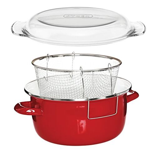 Premier Huisraad 5L Friteuse Enamel Chip Pan Friteuse Glazen deksel Chipfriteuse Frituurpan Rode Friteuse Mand Kleine Friteuse 16x33x27