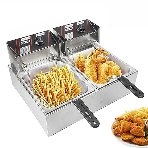 Bazargame Elektrische friteuse, dubbele friteuse, elektrische friteuse, diepfriteuse, roestvrij staal, dubbele koude zones, friteuse voor snelrestaurants, snackbars (type 1)