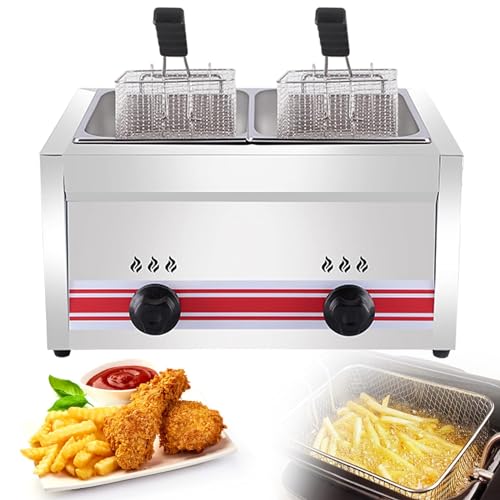 HENGCMM Visfriteuse, buitenfriteusepot en binnenmanden, 10L/20L/30L Commerciële aanrecht Gasfriteuse Friteuse Roestvrijstalen aardgasfriteuse Oliefriteusewagen voor buiten koken,20L