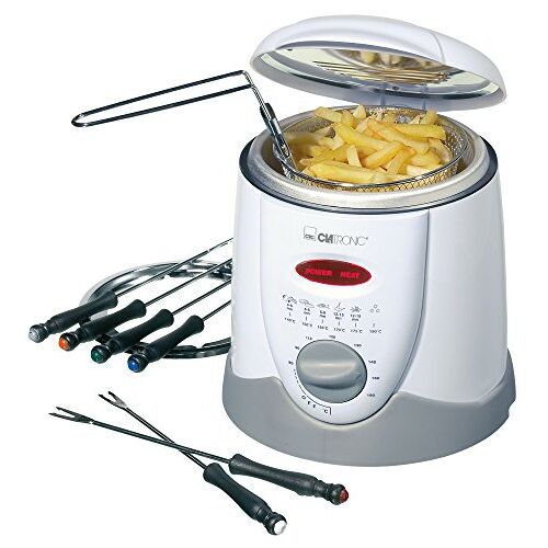 Clatronic fonduefriteuse FFR 2916   inhoud: 1 liter olie/vet   incl. 6 fonduevorkjes + frituurmandje met afneembare handgreep   vervangbaar geur- en vetdampfilter   cool touch behuizing   wit/grijs