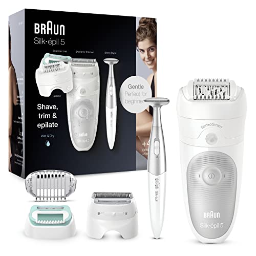 Braun Silk-épil 5 Epilator voor dames, voor ontharing/ontharing, incl. bikinitrimmer (haartrimmer intieme zone), opzetstuk, draaibare kop, cadeau vrouw, 5-825, wit/grijs