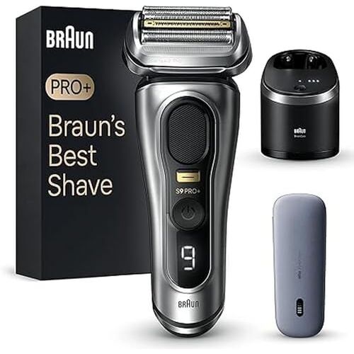 Braun Series 9 Pro+ scheerapparaat voor heren, elektrisch scheerapparaat met 5 Pro scheerelementen, langhaartrimmer en reinigingsstation, scheerapparaat PowerCase, 60 minuten looptijd, Made in