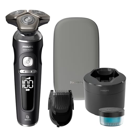 Philips Scheerapparaat Series 9000 Prestige, nat en droog elektrisch scheerapparaat, matzwart, Lift&Cut scheersysteem, SkinIQ technologie, baardstyler, reinigingsstation, premium etui, model SP9840/31