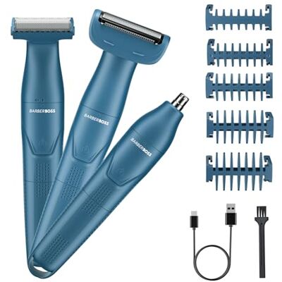 BARBERBOSS 3-in-1 scheerapparaat voor heren, verzorgingsset voor baard, haar, neus, oor en lichaam, precisietrimmer voor mannen, draadloos scheerapparaat met USB-opladen, QR-2303 BARBERBOSS 3-in-1 scheerapparaat voor heren, verzorgingsset voor baard, haar, neus, oor en lichaam, precisietrimmer voor mannen, draadloos scheerapparaat met USB-opladen, QR-2303