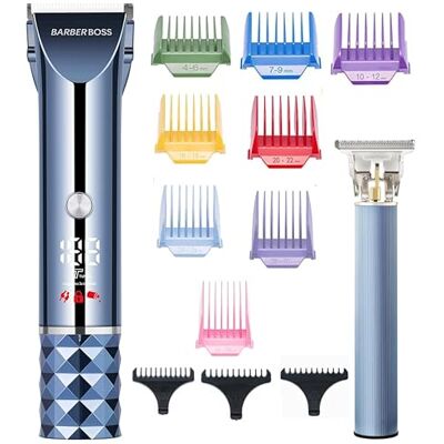 BARBERBOSS Haar- en baardtrimmerset voor heren, draadloze trimmer, turbo-snelheidstrimmer met led-display, verstelbaar mes, 8 geleidekammen, verzorgingsset voor mannen BARBERBOSS Haar- en baardtrimmerset voor heren, draadloze trimmer, turbo-snelheidstrimmer met led-display, verstelbaar mes, 8 geleidekammen, verzorgingsset voor mannen