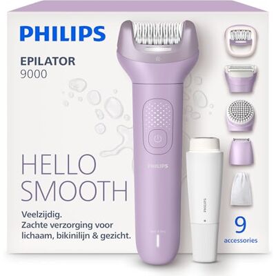 Philips Epilator Series 9000 – Draadloos Wet & Dry Elektrische Epileerapparaat, Haarverwijdering voor Lichaam, Gezicht en Bikinilijn, met ProGuide, 9 Accessoires, 60 min. Gebruikstijd, Model BRE729/00 Philips Epilator Series 9000 – Draadloos Wet & Dry Elektrische Epileerapparaat, Haarverwijdering voor Lichaam, Gezicht en Bikinilijn, met ProGuide, 9 Accessoires, 60 min. Gebruikstijd, Model BRE729/00