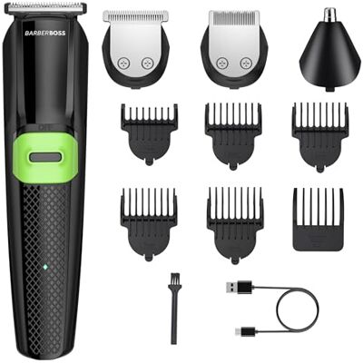 BARBERBOSS Alles-in-één verzorgingsset, baardtrimmer, tondeuse, neus- en oortrimmer, draadloze, gezichtsverzorging, USB-oplaadbaar, waterdicht BARBERBOSS Alles-in-één verzorgingsset, baardtrimmer, tondeuse, neus- en oortrimmer, draadloze, gezichtsverzorging, USB-oplaadbaar, waterdicht