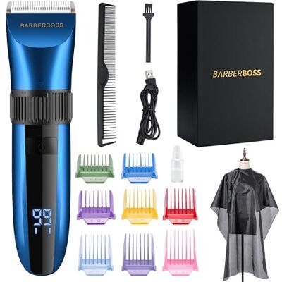 BARBERBOSS Draadloze zelfslijpende baard- en haartrimmer waterdicht met keramische messen, LED-display, snel opladen en 8 kleuren kamhulpstukken QR-2082 BARBERBOSS Draadloze zelfslijpende baard- en haartrimmer waterdicht met keramische messen, LED-display, snel opladen en 8 kleuren kamhulpstukken QR-2082