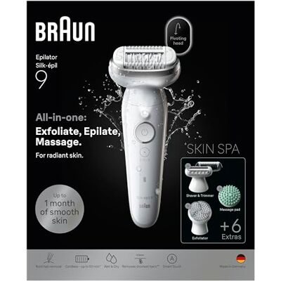 Braun Silk·épil 9 SkinSpa Elektrische epilator voor dames, 9-080, zilver Waterdichte epilator, peelingborstel, massagekussen, trimkam, epilator, scheren en trimmen Braun Silk·épil 9 SkinSpa Elektrische epilator voor dames, 9-080, zilver Waterdichte epilator, peelingborstel, massagekussen, trimkam, epilator, scheren en trimmen