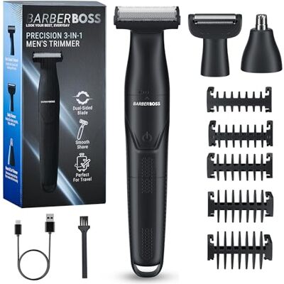 BARBERBOSS 3-in-1 precisietrimmer, baard- en haarverzorgingsset voor heren, bodytrimmer, neus- en oortrimmer, oplaadbaar, draadloos scheerapparaat met USB-opladen, 3-in-1 scheerapparaat, QR-2301 BARBERBOSS 3-in-1 precisietrimmer, baard- en haarverzorgingsset voor heren, bodytrimmer, neus- en oortrimmer, oplaadbaar, draadloos scheerapparaat met USB-opladen, 3-in-1 scheerapparaat, QR-2301