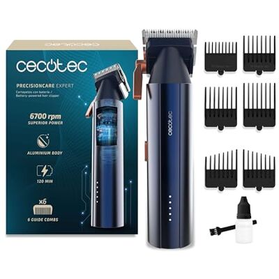 Cecotec PrecisionCare Expert Tondeuse met borstelloze motor, 6700 omw/min, 2 snelheden, 6 geleidingskammen, messen van Japans staal, aluminium behuizing, autonomie 2 uur, lengte-instelling 0,8-2 mm Cecotec PrecisionCare Expert Tondeuse met borstelloze motor, 6700 omw/min, 2 snelheden, 6 geleidingskammen, messen van Japans staal, aluminium behuizing, autonomie 2 uur, lengte-instelling 0,8-2 mm