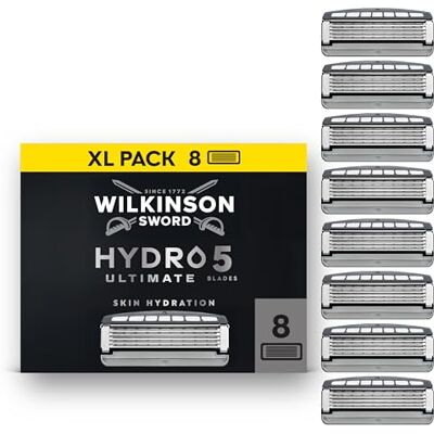 Wilkinson Sword Hydro 5 Ultimate Scheermesjes voor mannen, navulverpakking, hyaluronzuur, koolstofgecoate bladen, 8 navulmesjes, XXL verpakking Wilkinson Sword Hydro 5 Ultimate Scheermesjes voor mannen, navulverpakking, hyaluronzuur, koolstofgecoate bladen, 8 navulmesjes, XXL verpakking