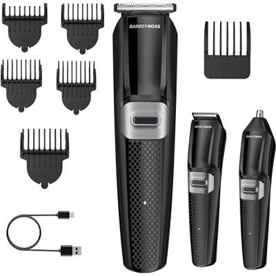 BARBERBOSS Snoerloze verzorgingsset voor mannen, baardtrimmer, tondeuse en neustondeuse, 3-in-1 gezichtsverzorging voor heren, met USB-oplaadbaar BARBERBOSS Snoerloze verzorgingsset voor mannen, baardtrimmer, tondeuse en neustondeuse, 3-in-1 gezichtsverzorging voor heren, met USB-oplaadbaar