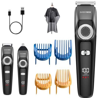 BARBERBOSS Draadloze baardtrimmerset voor heren, 3-in-1 trimmer voor mannen, baard, haar- en neustondeuse met verstelbare wijzerplaat, keramische messen, complete verzorgingsset voor heren BARBERBOSS Draadloze baardtrimmerset voor heren, 3-in-1 trimmer voor mannen, baard, haar- en neustondeuse met verstelbare wijzerplaat, keramische messen, complete verzorgingsset voor heren
