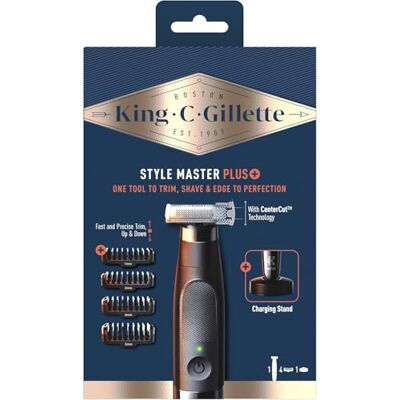 Gillette Style Master Plus elektrische baardtrimmer, CenterCut-technologie, scherpe messen tot 6 maanden, waterdicht, trimmen, scheren en beeldhouwen van de baard, 4 opzetstukken, laadstation Elektrisch, draadloos, waterdicht, koffer met verwisselbare k Gillette Style Master Plus elektrische baardtrimmer, CenterCut-technologie, scherpe messen tot 6 maanden, waterdicht, trimmen, scheren en beeldhouwen van de baard, 4 opzetstukken, laadstation Elektrisch, draadloos, waterdicht, koffer met verwisselbare k