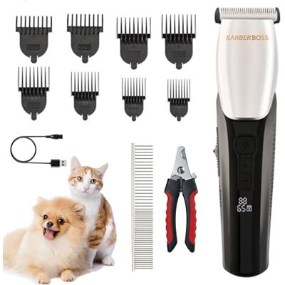 BARBERBOSS Draadloze tondeuse voor honden en katten, stille waterdichte trimmer met verstelbare snijlengtes, led-batterijdisplay, professionele hondenverzorgingsset BARBERBOSS Draadloze tondeuse voor honden en katten, stille waterdichte trimmer met verstelbare snijlengtes, led-batterijdisplay, professionele hondenverzorgingsset