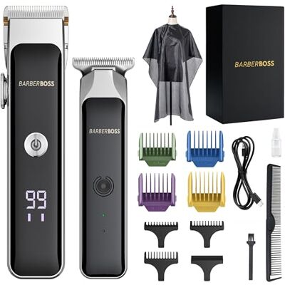 BARBERBOSS Draagbare baard- en tondeuse, gezichtshaartrimmer voor mannen met keramisch mes, precisie-wijzerplaat, geleidingskammen, USB-opladen, rood/groen display, QR-2682 BARBERBOSS Draagbare baard- en tondeuse, gezichtshaartrimmer voor mannen met keramisch mes, precisie-wijzerplaat, geleidingskammen, USB-opladen, rood/groen display, QR-2682