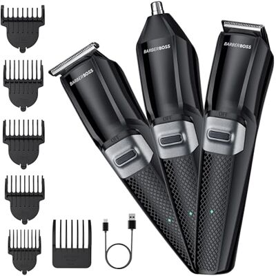 BARBERBOSS 3-in-1 draadloze verzorgingsset voor heren, baardtrimmer, tondeuse, neus- en oortondeuse, keramisch titanium mesje, gezichtsscheerapparaat voor heren BARBERBOSS 3-in-1 draadloze verzorgingsset voor heren, baardtrimmer, tondeuse, neus- en oortondeuse, keramisch titanium mesje, gezichtsscheerapparaat voor heren