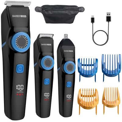 BARBERBOSS 3-in-1 baard- en tondeuse voor heren, draadloze trimmer met neus- en oorbevestiging, verstelbare lengte wijzerplaat, verzorgingsset voor mannen BARBERBOSS 3-in-1 baard- en tondeuse voor heren, draadloze trimmer met neus- en oorbevestiging, verstelbare lengte wijzerplaat, verzorgingsset voor mannen