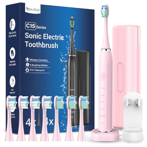 COULAX Sonic Elektrische tandenborstel, sonische tandenborstel,  reistandenborstels, elektrische tandenborstel, elektrische tandenborstel, met 8 koppen, 5 modi, timer, lichtroze