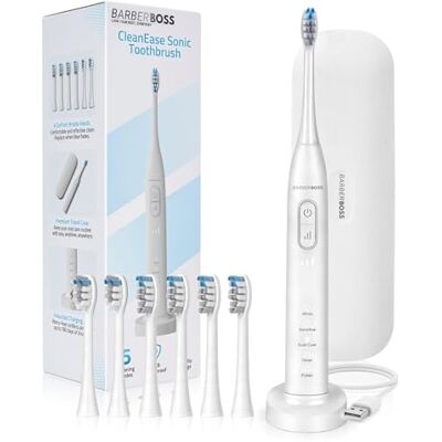 BARBERBOSS elektrische tandenborstel, 5 standen × 3 intensiteiten, druksensor, timer van 2 minuten, 6 borstelkoppen (4 standaard, 2 mini), reisetui, USB-oplaadbare tandenborstel volwassenen, QR-7301 BARBERBOSS elektrische tandenborstel, 5 standen × 3 intensiteiten, druksensor, timer van 2 minuten, 6 borstelkoppen (4 standaard, 2 mini), reisetui, USB-oplaadbare tandenborstel volwassenen, QR-7301