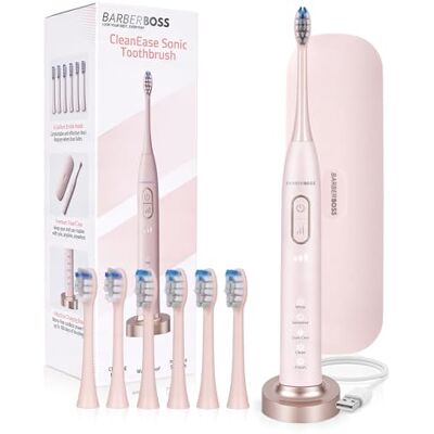 BARBERBOSS Sonic elektrische tandenborstel voor volwassenen, roze oplaadbare tandenborstel met USB-oplaadstation, 5 reinigingsstanden, 3 intensiteiten, 2 minuten slimme timer, 6 borstelkoppen, QR-7303 BARBERBOSS Sonic elektrische tandenborstel voor volwassenen, roze oplaadbare tandenborstel met USB-oplaadstation, 5 reinigingsstanden, 3 intensiteiten, 2 minuten slimme timer, 6 borstelkoppen, QR-7303