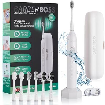 BARBERBOSS Sonic elektrische tandenborstel, tandenborstel voor volwassenen met 5 standen, 3 vervangende koppen, druksensor, slimme timer, tandenborstel voor tandplakverwijdering, QR-7536(wit) BARBERBOSS Sonic elektrische tandenborstel, tandenborstel voor volwassenen met 5 standen, 3 vervangende koppen, druksensor, slimme timer, tandenborstel voor tandplakverwijdering, QR-7536(wit)