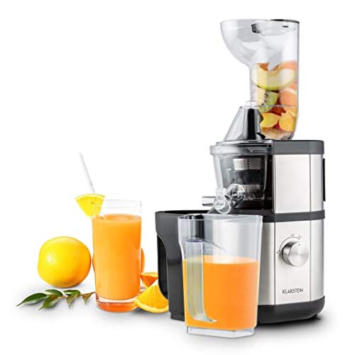 Klarstein Fruitberry, sapcentrifuge, verticale sapcentrifuge, uiterst fijne roestvrijstalen microzeef, slowjuicer, 400 W, snelheid 60 tpm, BPA-vrij, incl. Twee containers, 8,5 cm vulbuis, stil, zilver