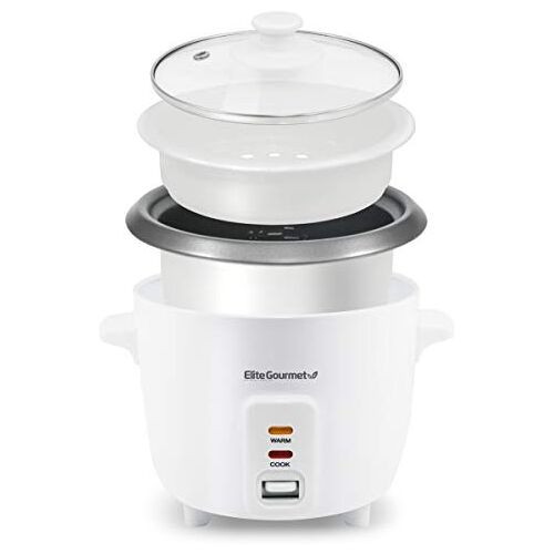 Elite Gourmet ERC-006NST# Elektrische rijstkoker met antiaanbaklaag voor soepen, stoofschotels, granen, muesli, warmhoudfunctie, 6 kopjes, wit