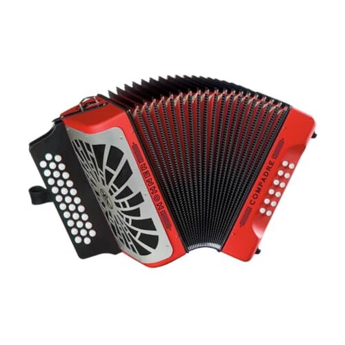 Hohner Accordeon diatknoppen  chromatische pianoaccordeon Compaddy FBBEB rood zilver grill.