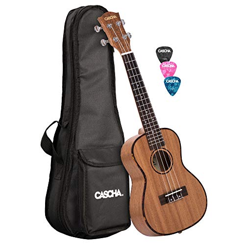 CASCHA Premium mahonie sopraan ukelele, kleine Hawaii gitaar, ukelele voor beginners, met acquilasnaren en 3 plectra Ukelele + tas 24 inch Konzert bruin