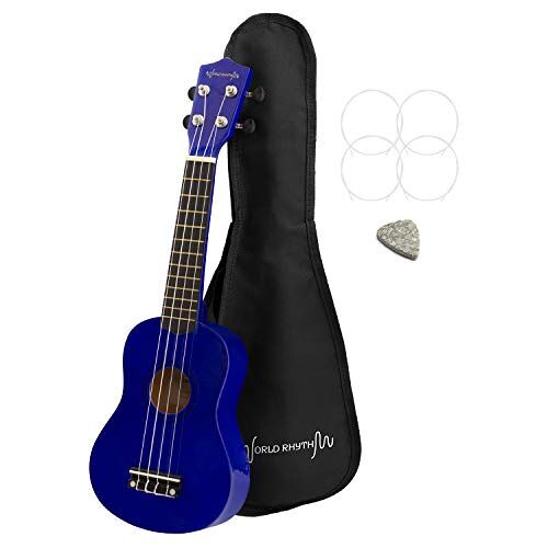 World Rhythm Wereld Ritme Soprano Ukulele Beginner Soprano Uke Finish met Gig Bag, Spare Ukulele Snaren & Vilt Pick standard Blauw