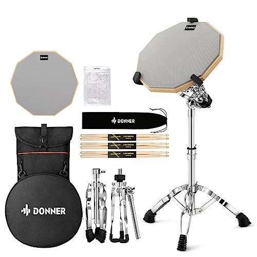 Donner Drum oefenpad met snaredrumstandaard, inclusief dubbelzijdig 12 inch drumpad, drumsticks, verstelbare standaard past op 10"-14" Dia Drums