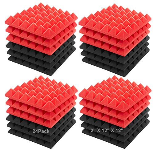 JBER Akoestische geluidsschuimpanelen, set van 24 stuks, 5 x 30 x 30 cm, rood en zwart, geluidsisolatie, geluidsabsorberende piramide, akoestische behandeling